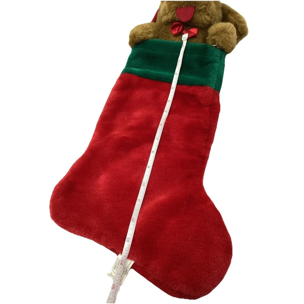 VTG Brown Dog Head Plush Red Green Velour Christmas Stocking 14